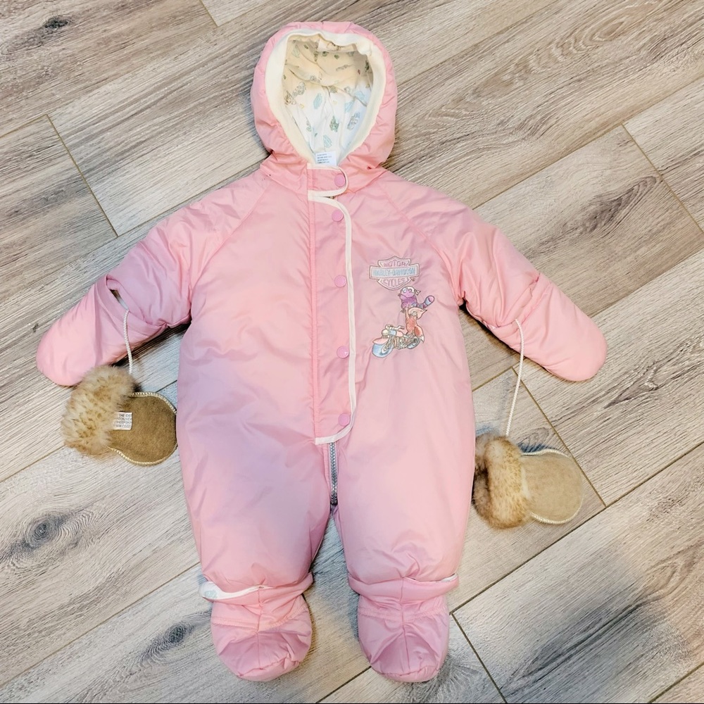 Harley Davidson infant baby puffer hooded snowsuit bunting with Sheepski…